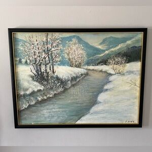 “Blue Winter”; original oil painting of winter river landscape, Chicago, O. Ulke